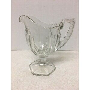 Vintage Pedestal Hexagon Base Paneled Pressed Glass Creamer Etched Flowers